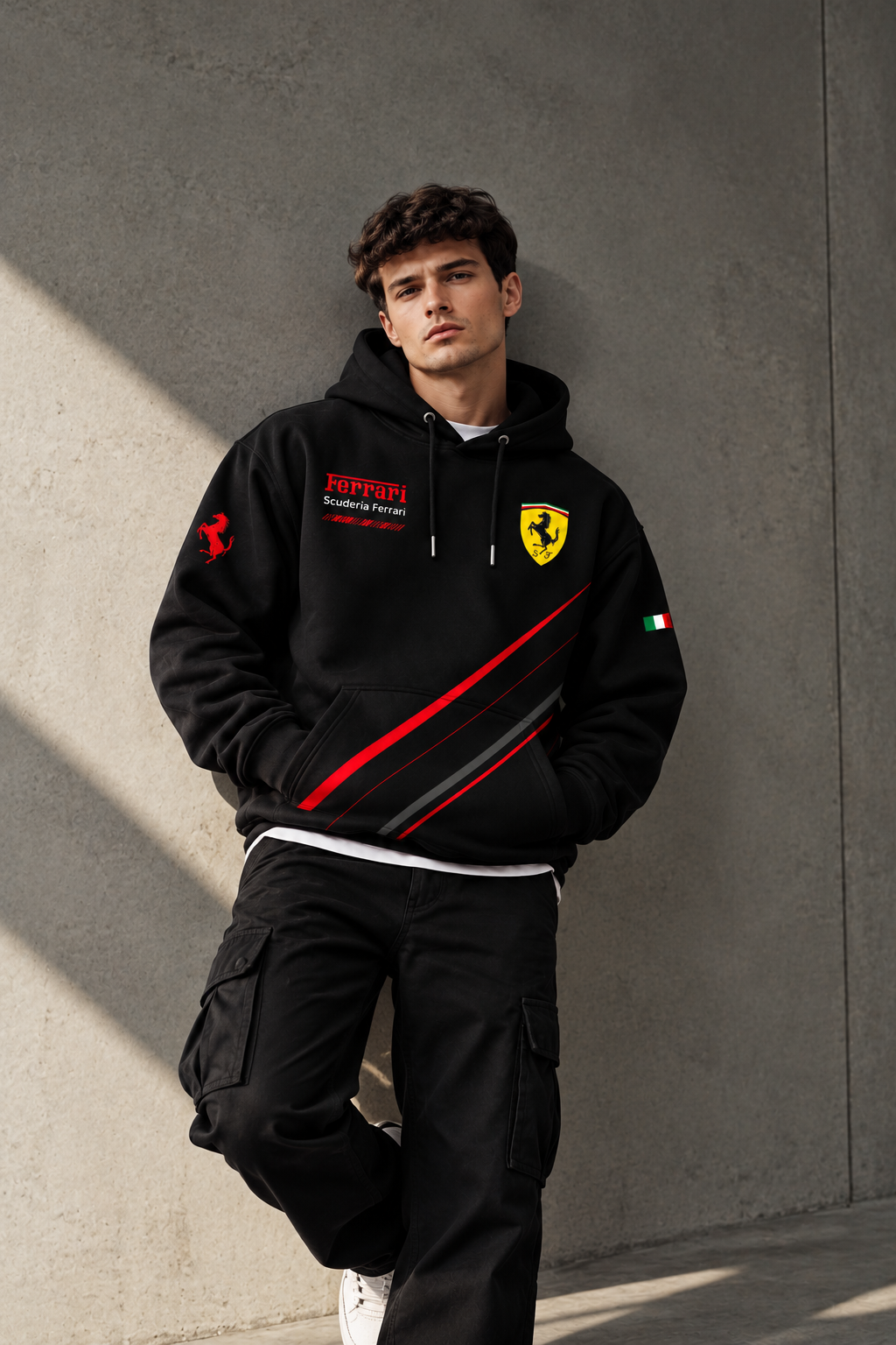 Ferrari Racing Stripes Black Hoodie – Premium Motorsport Streetwear