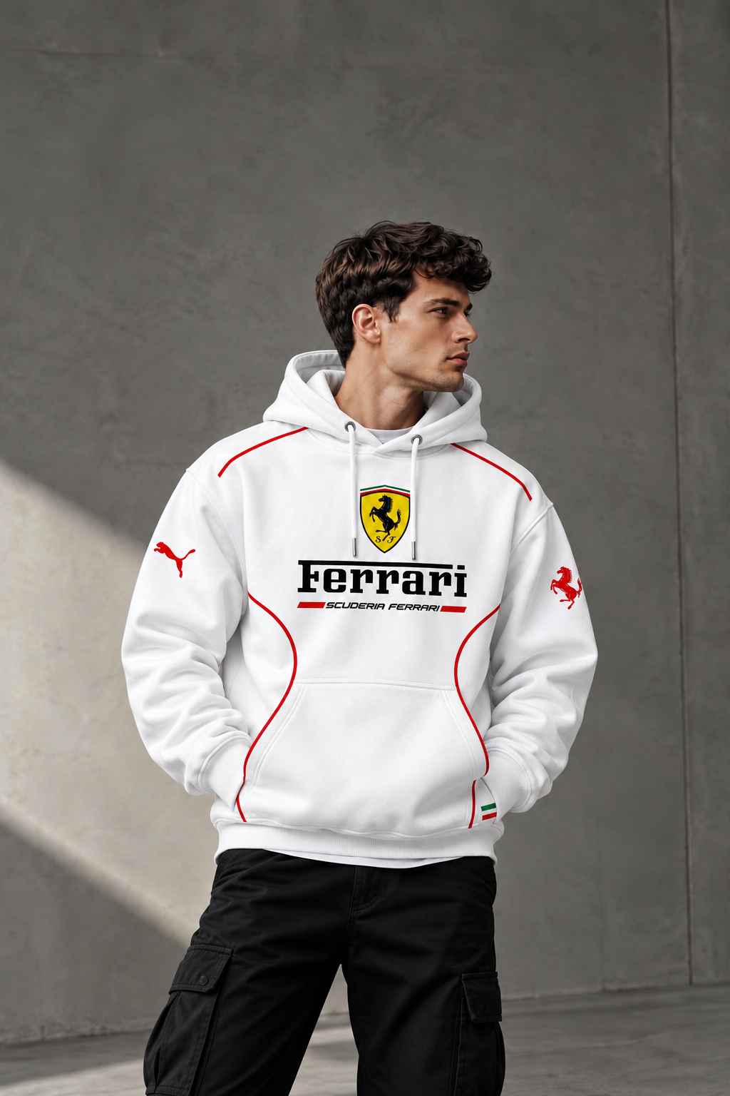 Ferrari White Racing Outline Hoodie – Premium Motorsport Streetwear