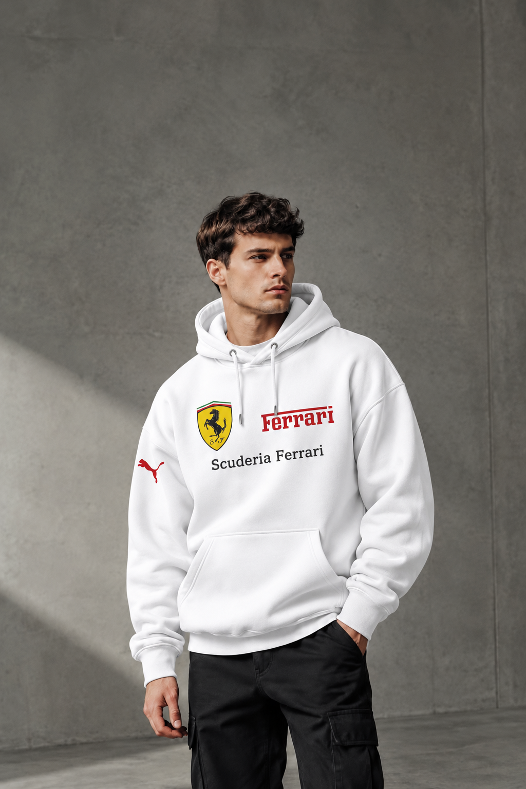 Scuderia Ferrari White Emblem Hoodie – Premium Motorsport Streetwear