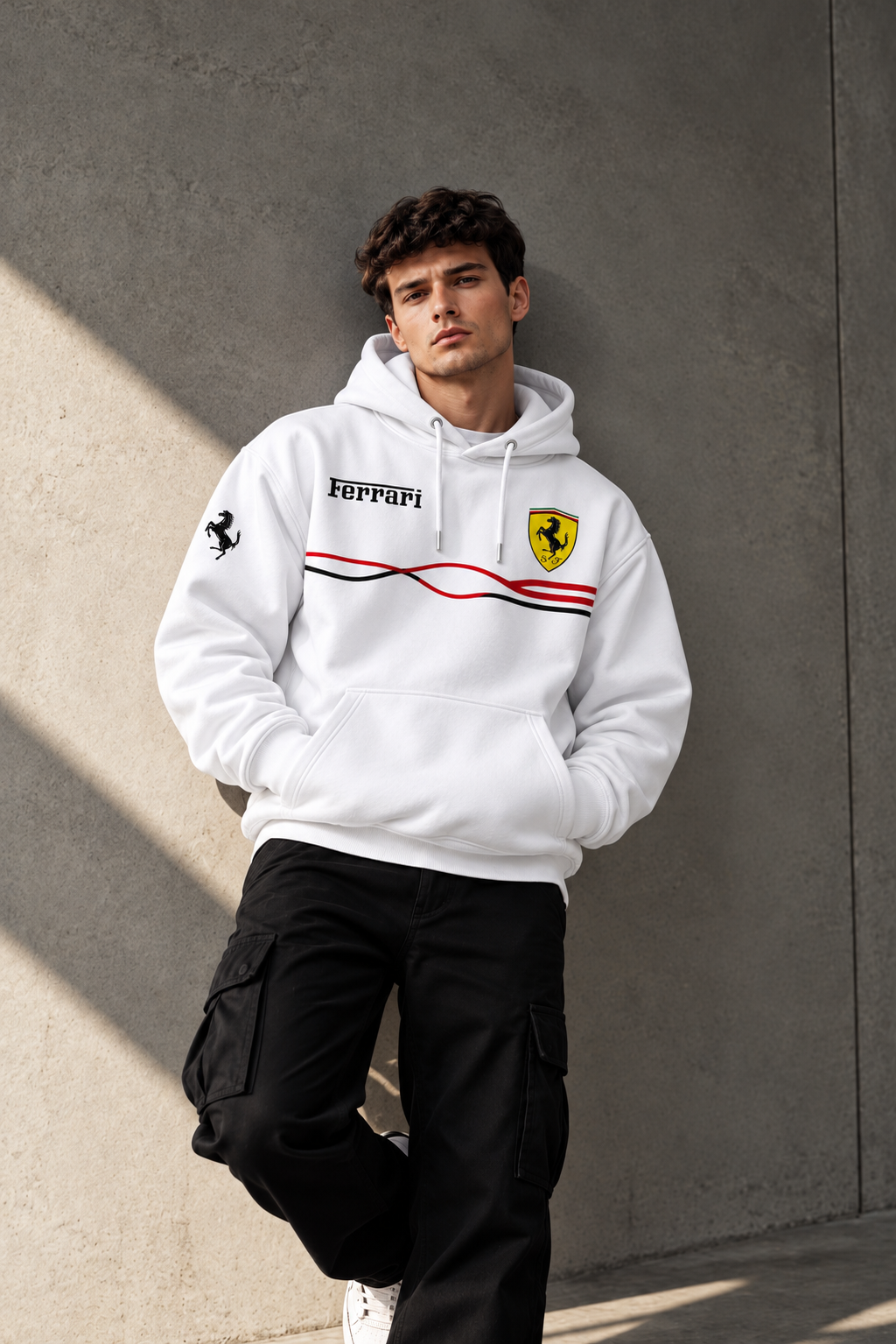 Ferrari Racing Wave White Hoodie – Premium Motorsport Streetwear