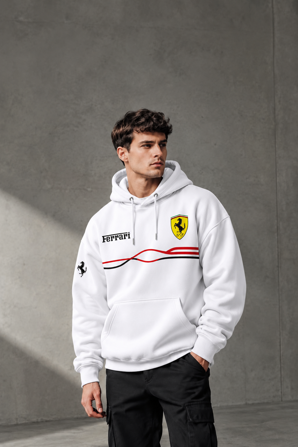 Ferrari Racing Wave White Hoodie – Premium Motorsport Streetwear