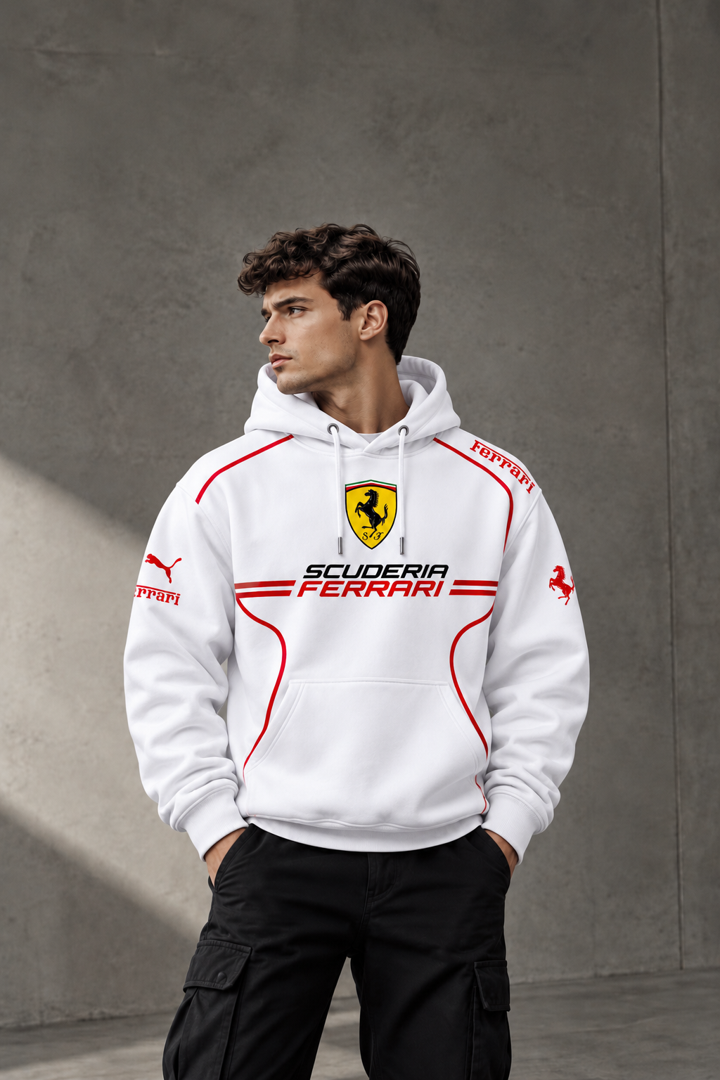 Scuderia Ferrari White Racing Outline Hoodie – Premium Motorsport Streetwear