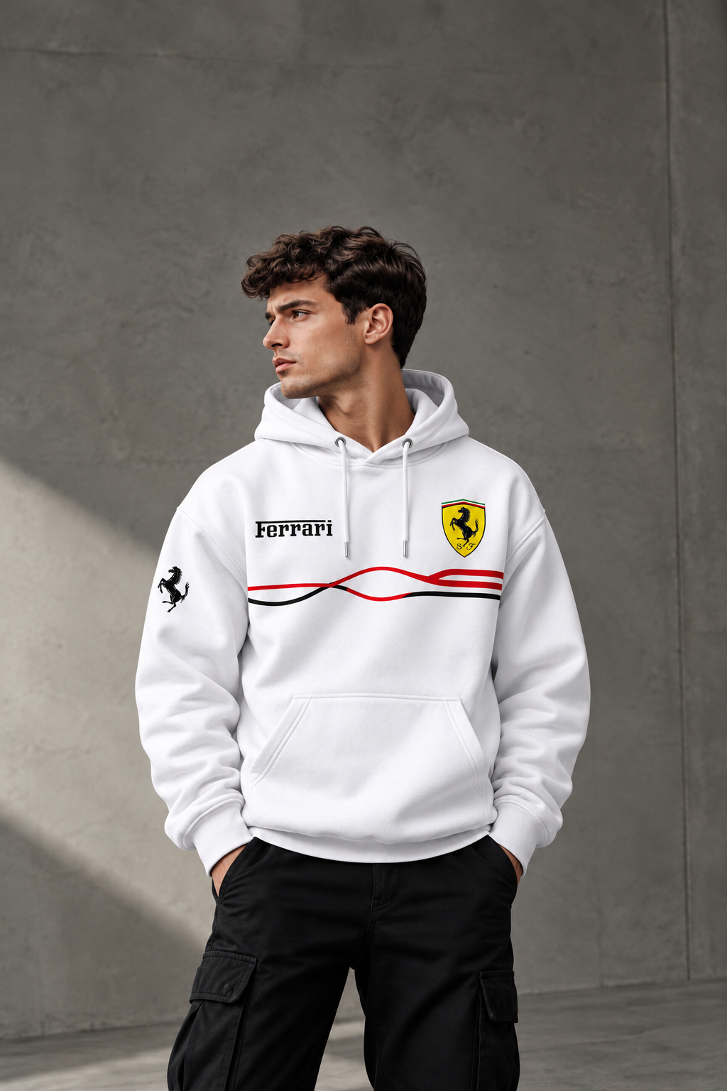 Ferrari Racing Wave White Hoodie – Premium Motorsport Streetwear