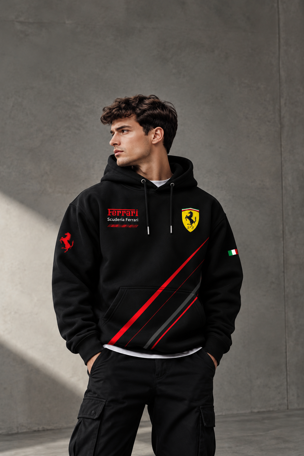 Ferrari Racing Stripes Black Hoodie – Premium Motorsport Streetwear