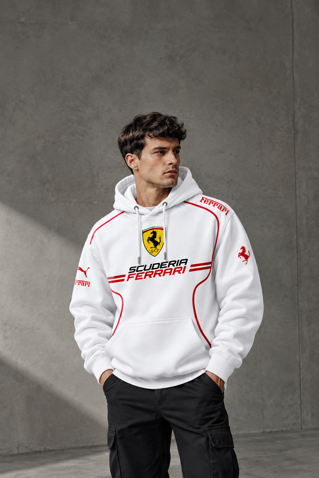 Scuderia Ferrari White Racing Outline Hoodie – Premium Motorsport Streetwear