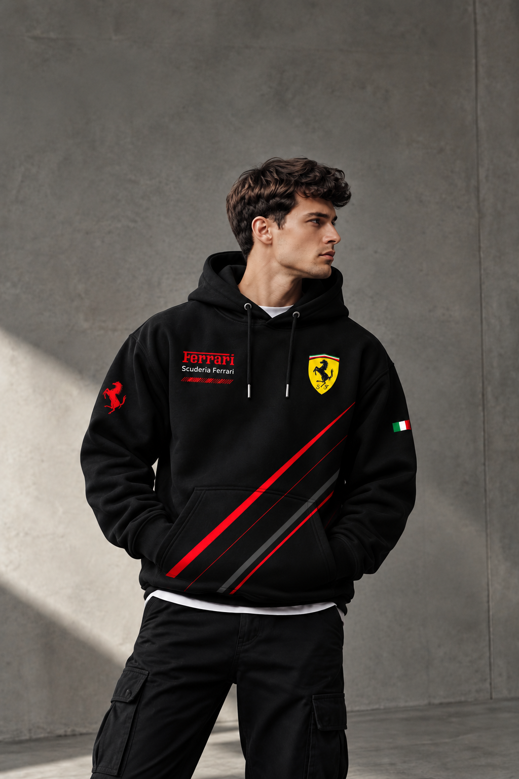 Ferrari Racing Stripes Black Hoodie – Premium Motorsport Streetwear