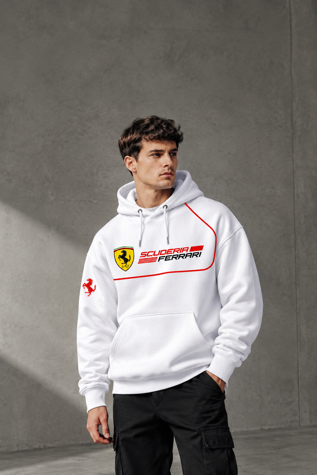 Scuderia Ferrari White Racing Hoodie – Red Outline Motorsport Streetwear