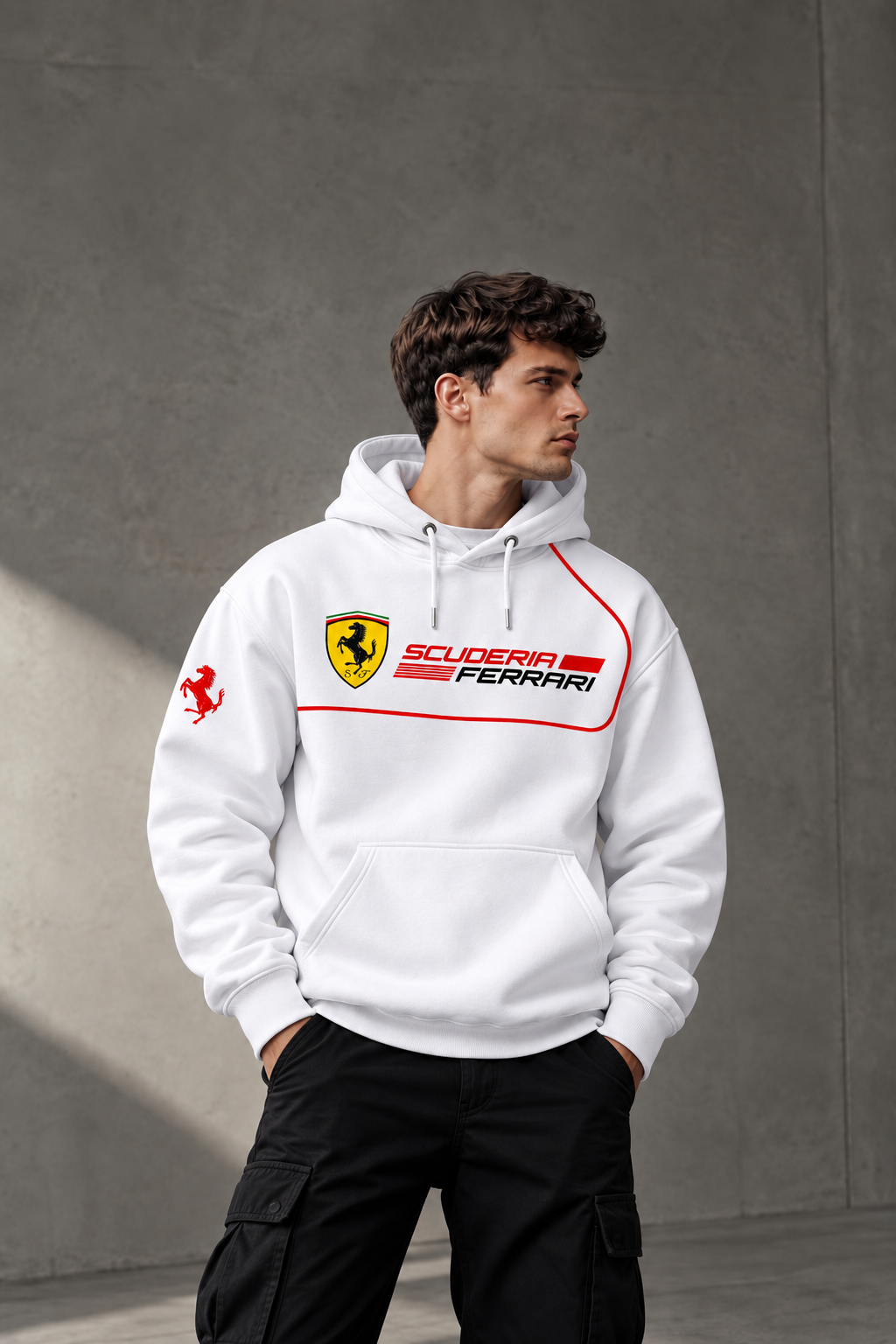 Scuderia Ferrari White Racing Hoodie – Red Outline Motorsport Streetwear