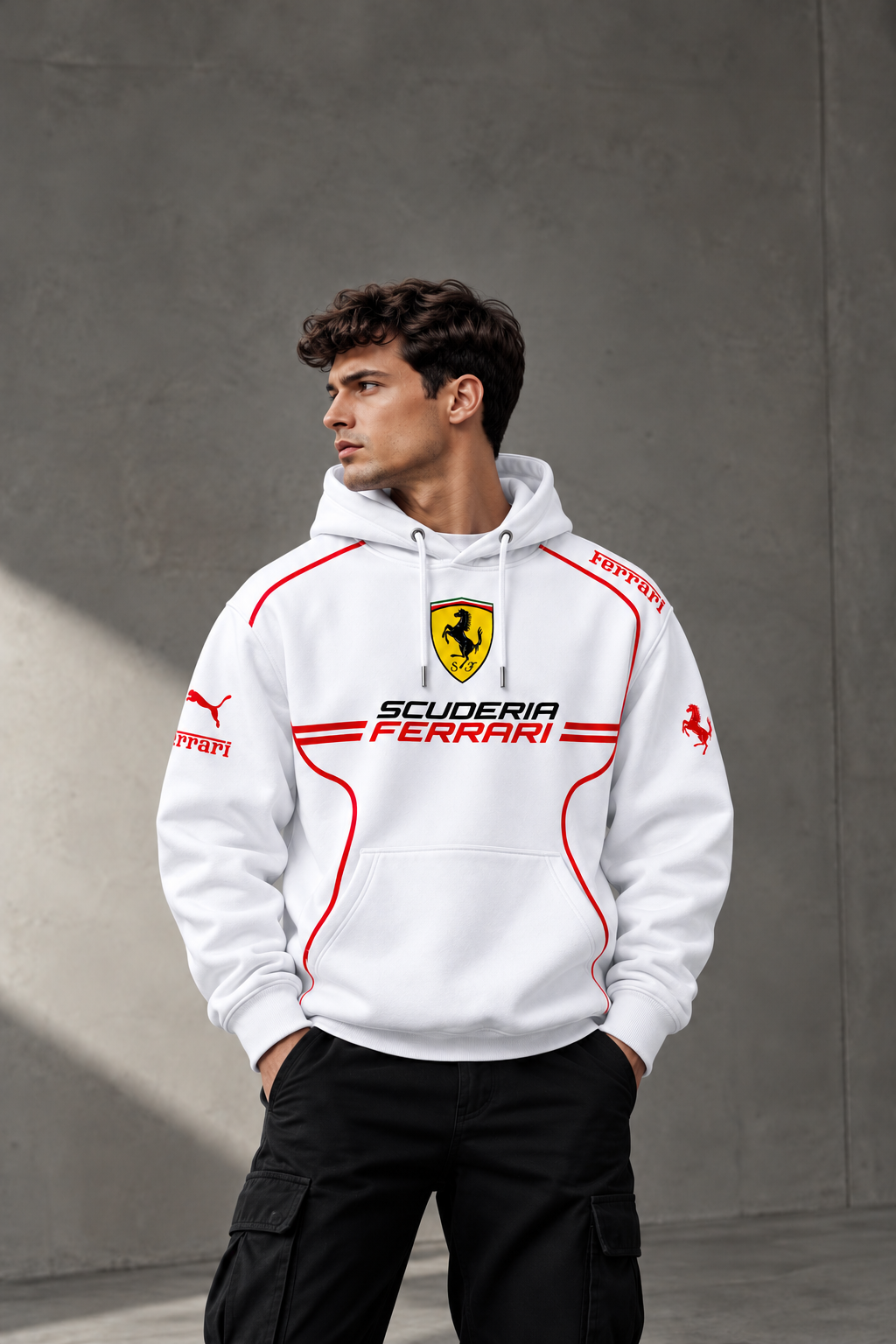 Scuderia Ferrari White Racing Outline Hoodie – Premium Motorsport Streetwear