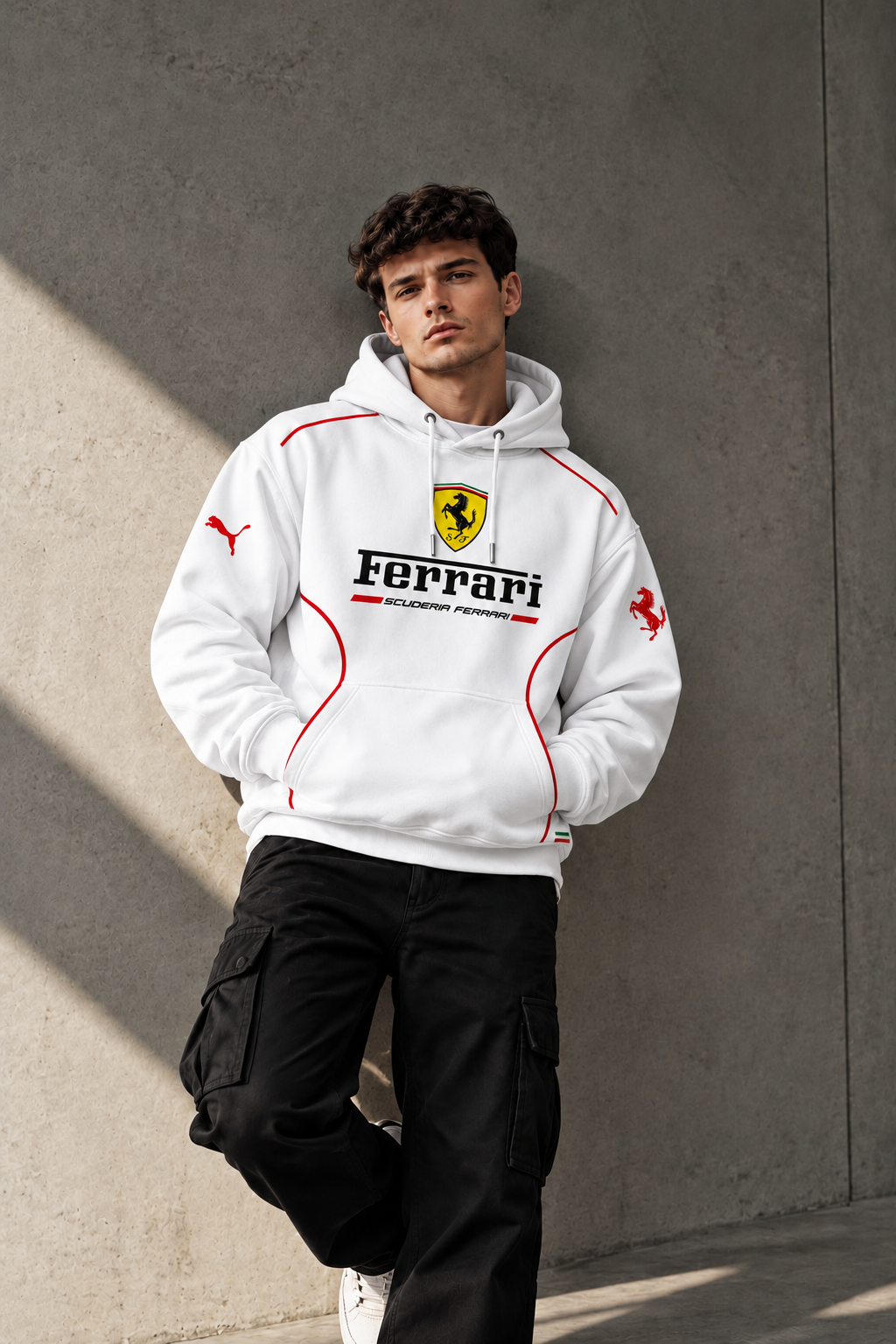 Ferrari White Racing Outline Hoodie – Premium Motorsport Streetwear