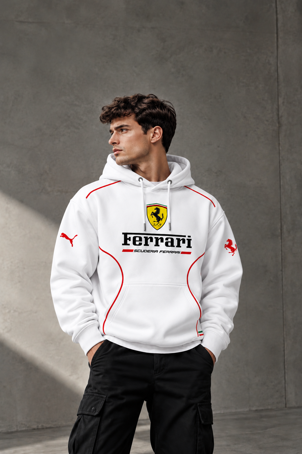 Ferrari White Racing Outline Hoodie – Premium Motorsport Streetwear