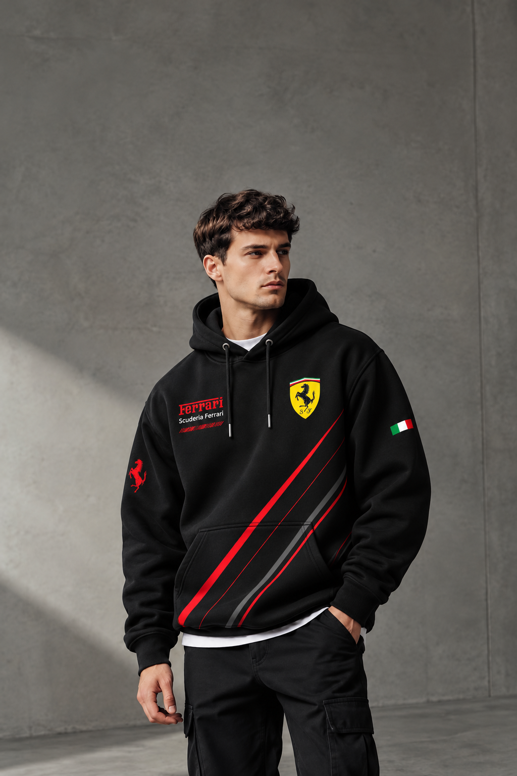 Ferrari Racing Stripes Black Hoodie – Premium Motorsport Streetwear