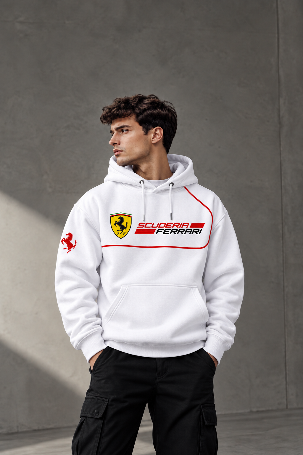 Scuderia Ferrari White Racing Hoodie – Red Outline Motorsport Streetwear