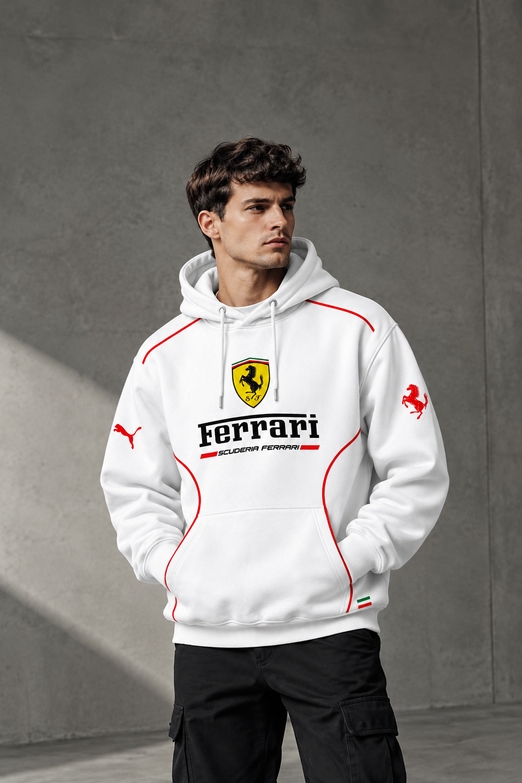 Ferrari White Racing Outline Hoodie – Premium Motorsport Streetwear