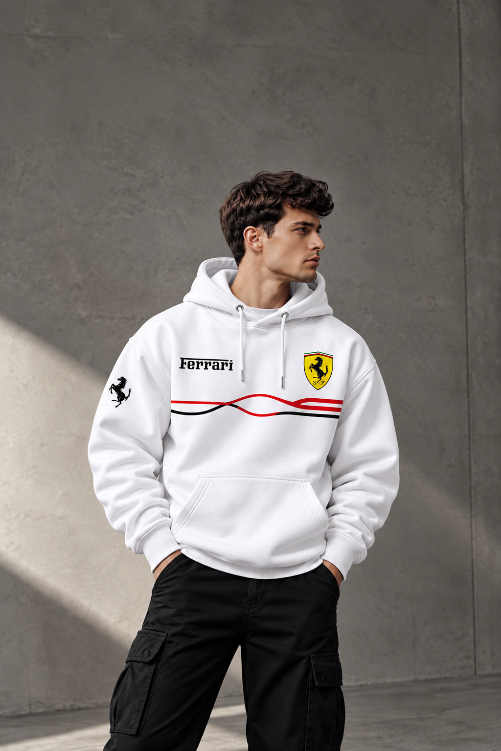 Ferrari Racing Wave White Hoodie – Premium Motorsport Streetwear