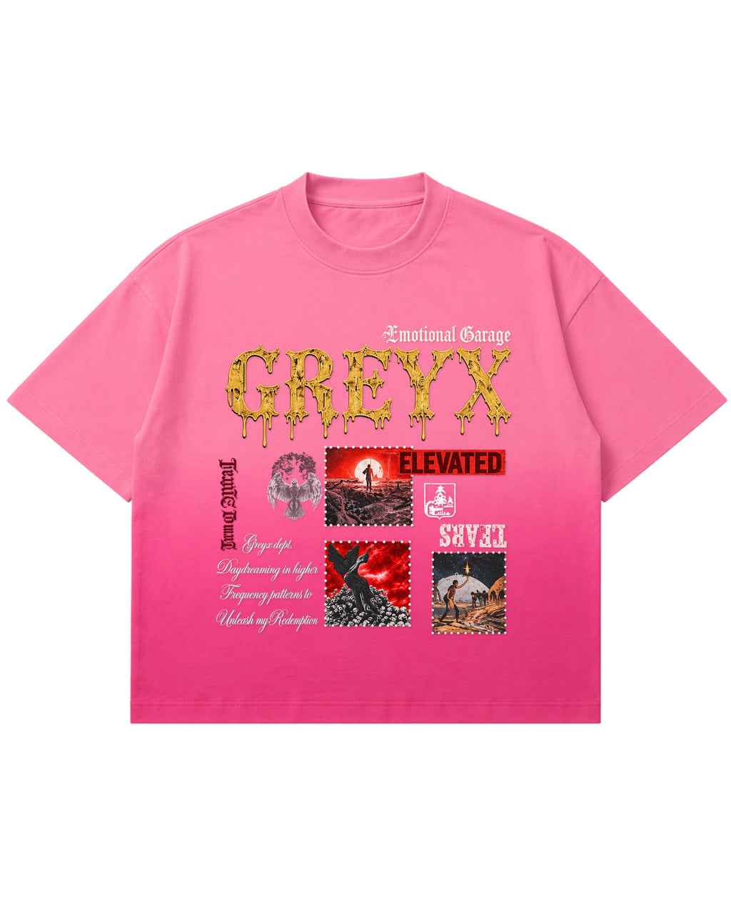 Pink Sunfade Ombré Wash Boxy Fit T-shirt Front Design